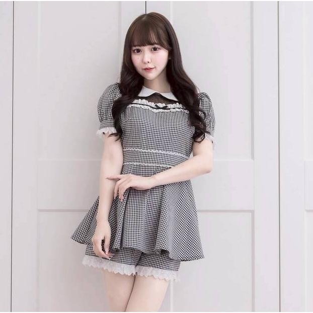 【pium】日單 蕾絲拼接 黑色格紋套裝  洋裝+短褲 地雷系 量產型 日系 亞文化 lolita 軟妹 少女-細節圖6