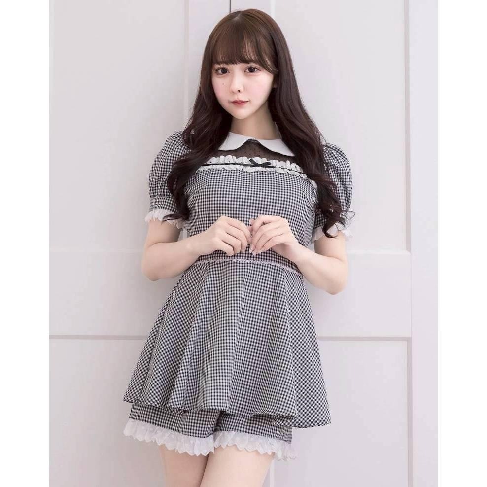 【pium】日單 蕾絲拼接 黑色格紋套裝  洋裝+短褲 地雷系 量產型 日系 亞文化 lolita 軟妹 少女-細節圖7