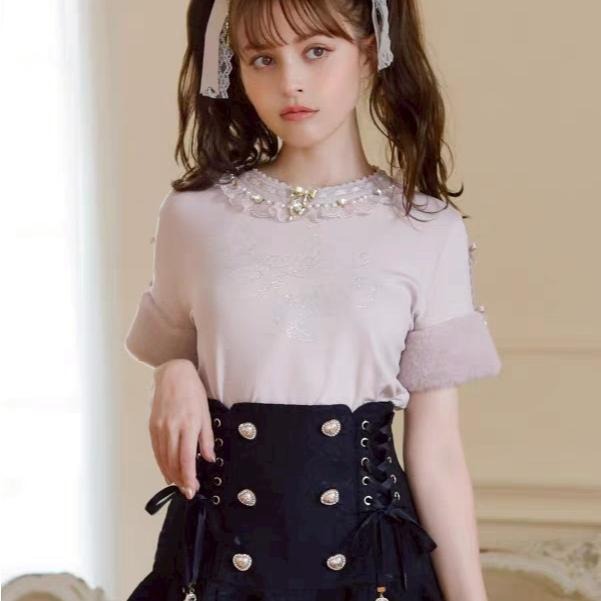 【Lizlisa】日單 粉色水鑽蕾絲絨毛繡上衣 T恤 地雷系 量產型 清楚系 日系 少女 lolita 上衣-細節圖3