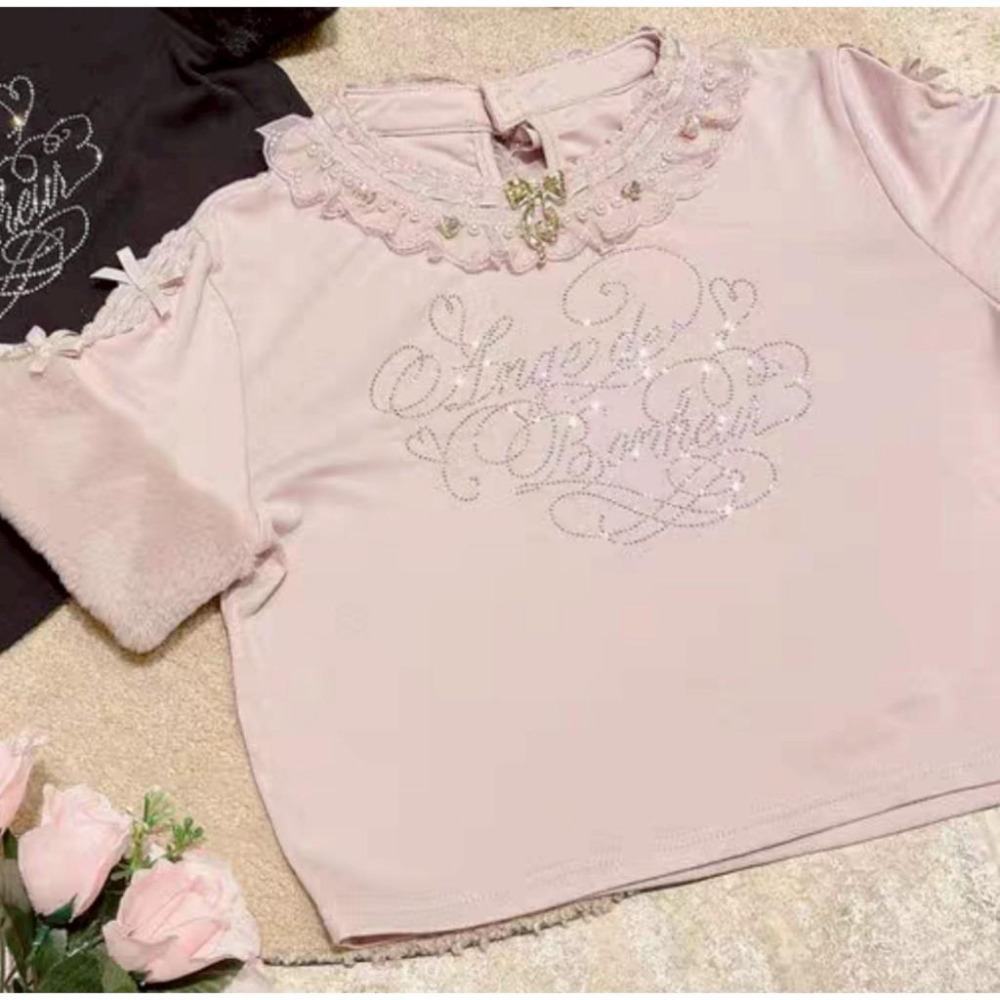 【Lizlisa】日單 粉色水鑽蕾絲絨毛繡上衣 T恤 地雷系 量產型 清楚系 日系 少女 lolita 上衣-細節圖4