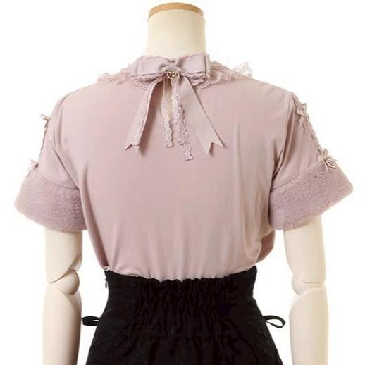 【Lizlisa】日單 粉色水鑽蕾絲絨毛繡上衣 T恤 地雷系 量產型 清楚系 日系 少女 lolita 上衣-細節圖5