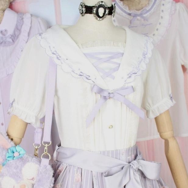 【Lizlisa】日單 紫色水手領襯衫 蝴蝶結 上衣 短袖 日系 地雷系 量產型 少女 lolita 襯衫 軟妹-細節圖3