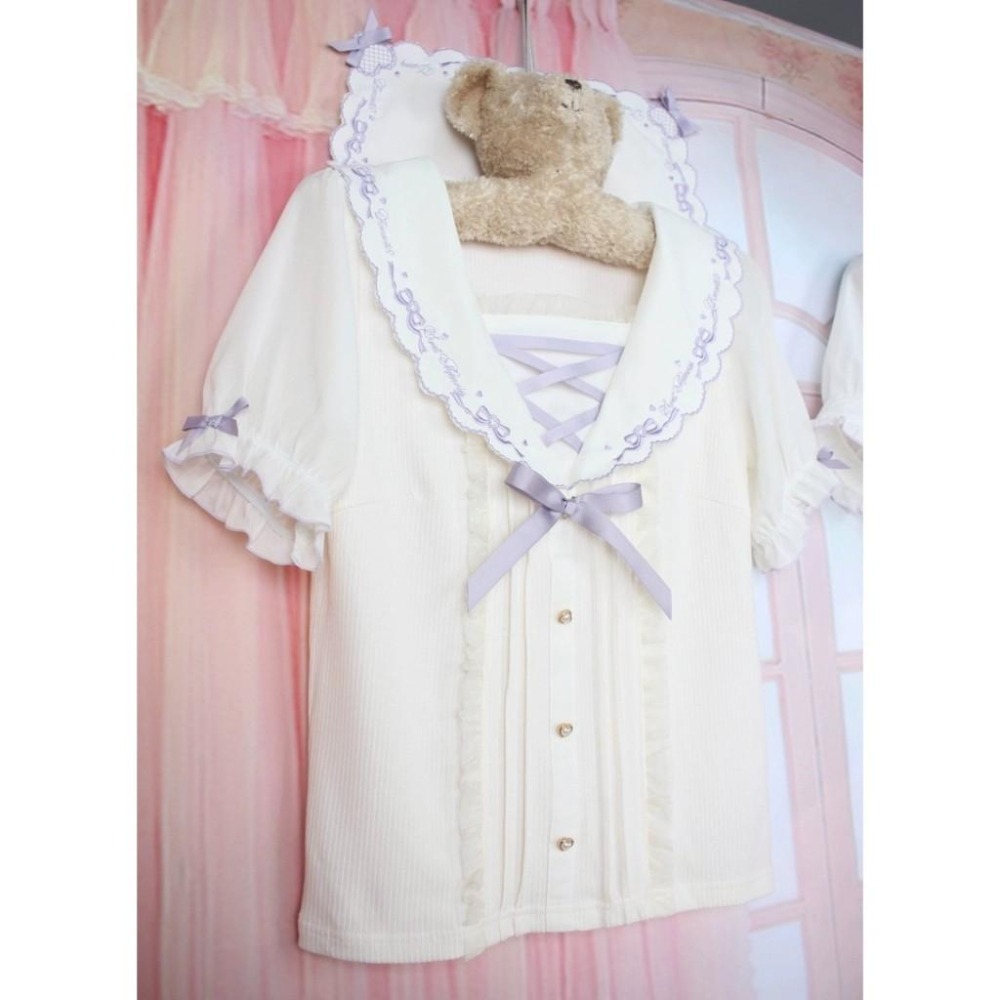 【Lizlisa】日單 紫色水手領襯衫 蝴蝶結 上衣 短袖 日系 地雷系 量產型 少女 lolita 襯衫 軟妹-細節圖8