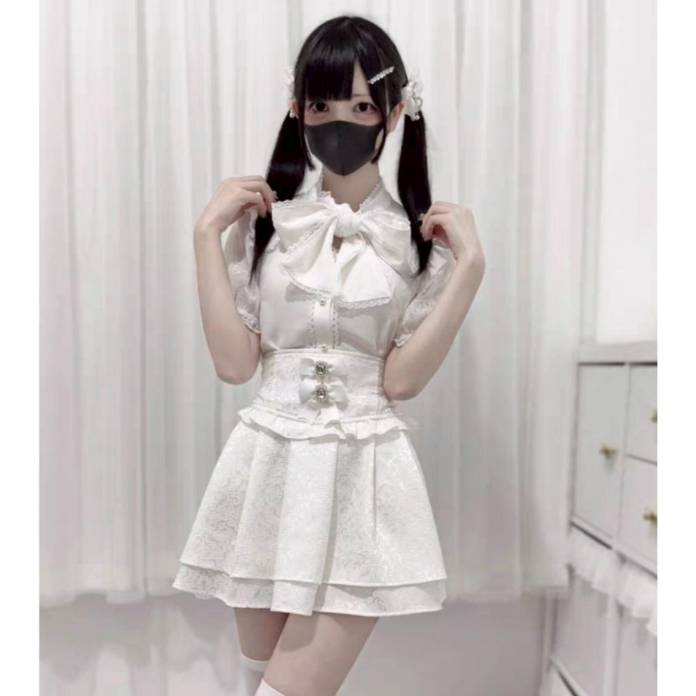【nekura】白色 高腰蝴蝶結 暗紋短裙 美腿裙 地雷系 量產型 清楚系 日系 少女 lolita 亞文化-細節圖3