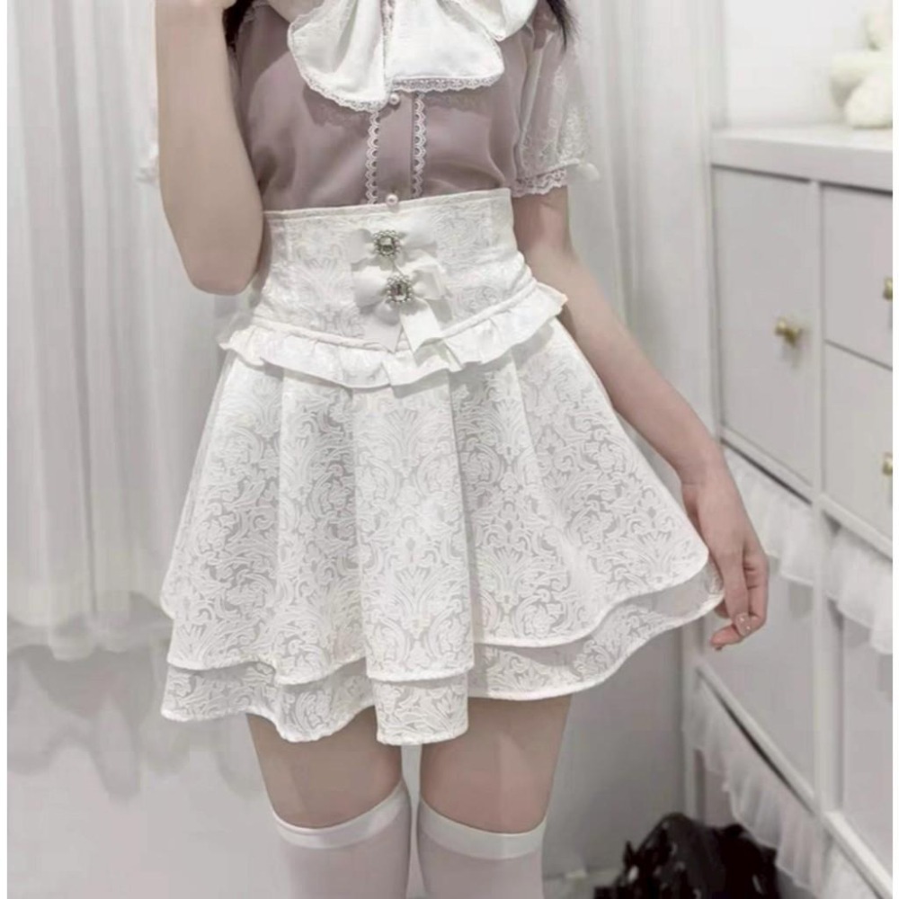 【nekura】白色 高腰蝴蝶結 暗紋短裙 美腿裙 地雷系 量產型 清楚系 日系 少女 lolita 亞文化-細節圖4