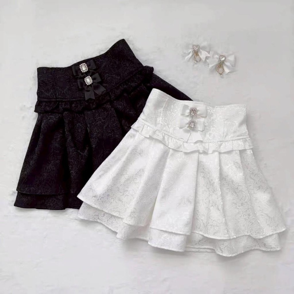 【nekura】白色 高腰蝴蝶結 暗紋短裙 美腿裙 地雷系 量產型 清楚系 日系 少女 lolita 亞文化-細節圖5