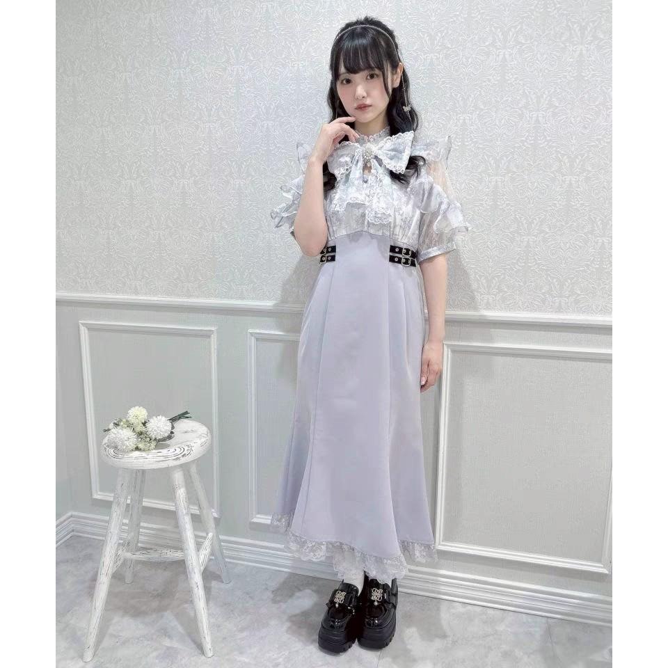 【ROJITA】日單 清楚系 洋裝 假兩件 藍色花紋 蕾絲拼接 露肩 魚尾裙 日系 地雷系 量產型 少女-細節圖6