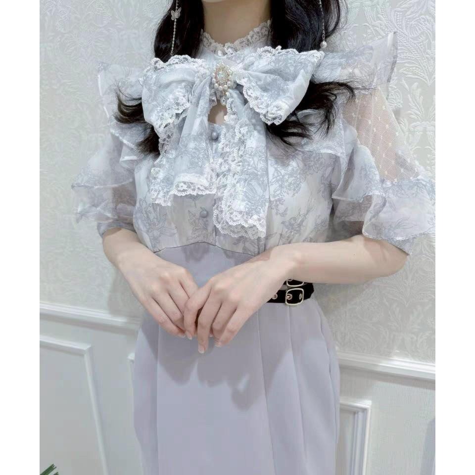 【ROJITA】日單 清楚系 洋裝 假兩件 藍色花紋 蕾絲拼接 露肩 魚尾裙 日系 地雷系 量產型 少女-細節圖8