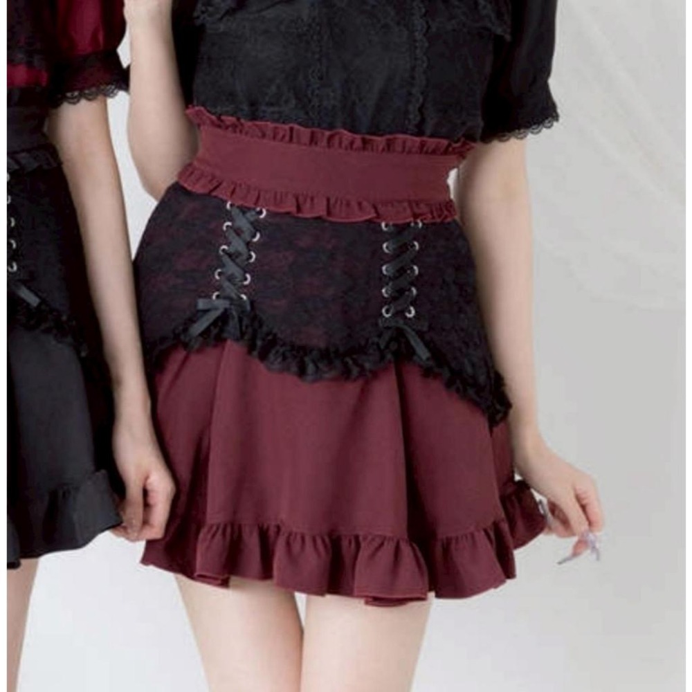 【夢展望】酒紅色拼接黑蕾絲綁帶短裙 日系 地雷系 量產型 亞文化 少女 短裙 酒紅色 LL碼-細節圖3