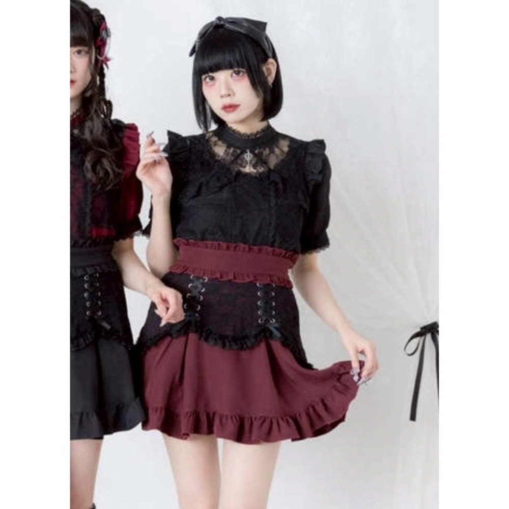 【夢展望】酒紅色拼接黑蕾絲綁帶短裙 日系 地雷系 量產型 亞文化 少女 短裙 酒紅色 LL碼-細節圖4