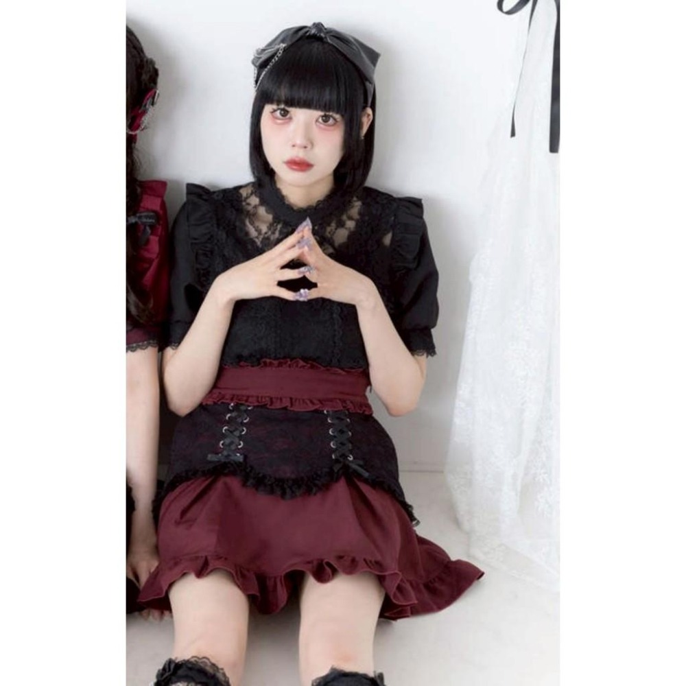 【夢展望】酒紅色拼接黑蕾絲綁帶短裙 日系 地雷系 量產型 亞文化 少女 短裙 酒紅色 LL碼-細節圖5