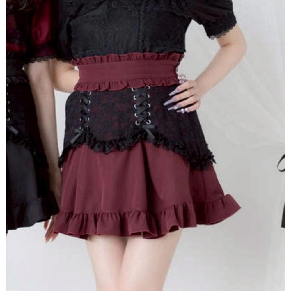 【夢展望】酒紅色拼接黑蕾絲綁帶短裙 日系 地雷系 量產型 亞文化 少女 短裙 酒紅色 LL碼-細節圖6