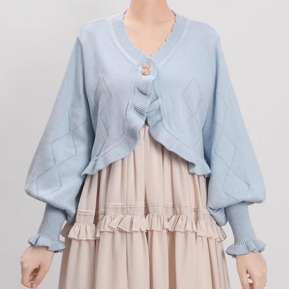 【夕霧工作室】淺藍色 針織毛衣 開衫 外套 罩衫 日系 lolita 軟妹 少女 地雷系 量產型 羊腿袖 外搭 M碼-細節圖3
