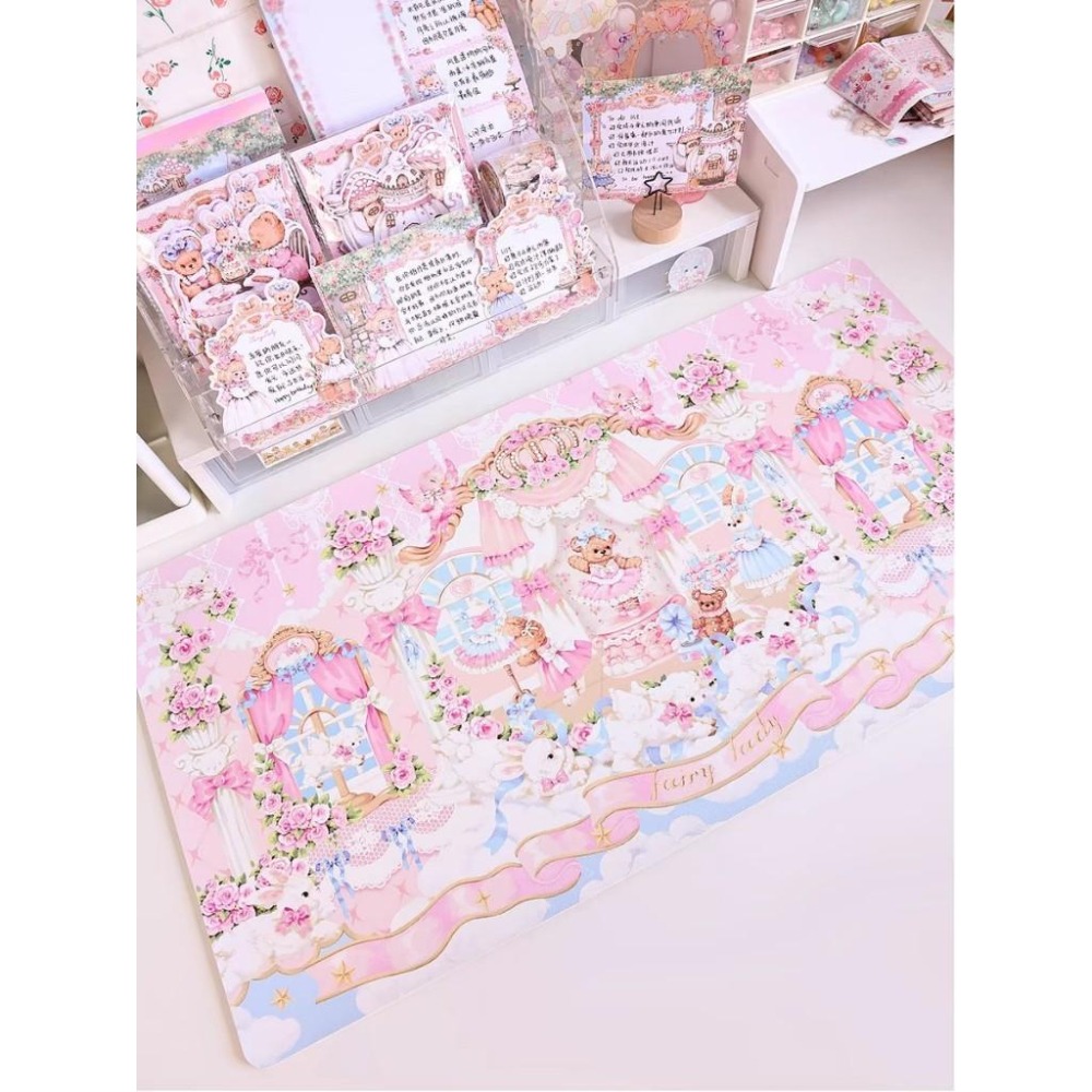 少女 書桌 桌墊 桌布 滑鼠墊 粉色 小熊 可愛 公主 房間 lolita 地雷系 蕾絲 墊板-細節圖2