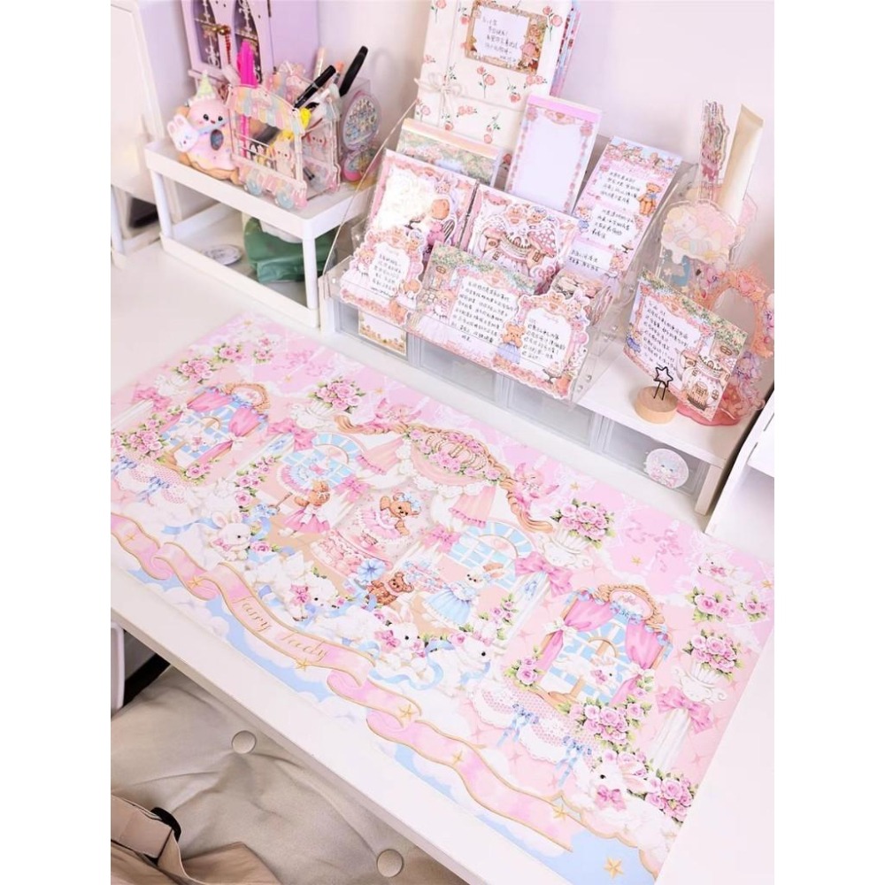 少女 書桌 桌墊 桌布 滑鼠墊 粉色 小熊 可愛 公主 房間 lolita 地雷系 蕾絲 墊板-細節圖6