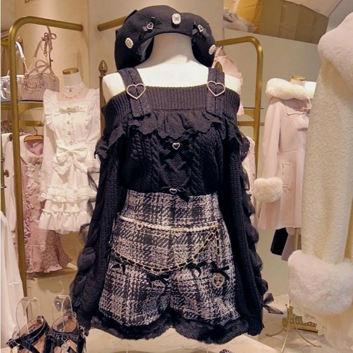 【Lizlisa】日單 黑色小香風 格紋 絨毛邊短褲 珍珠愛心掛 地雷系 量產型 日系 lolita 少女 Y2K 辣妹-細節圖3