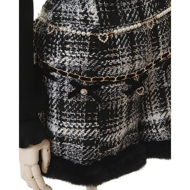 【Lizlisa】日單 黑色小香風 格紋 絨毛邊短褲 珍珠愛心掛 地雷系 量產型 日系 lolita 少女 Y2K 辣妹-細節圖5