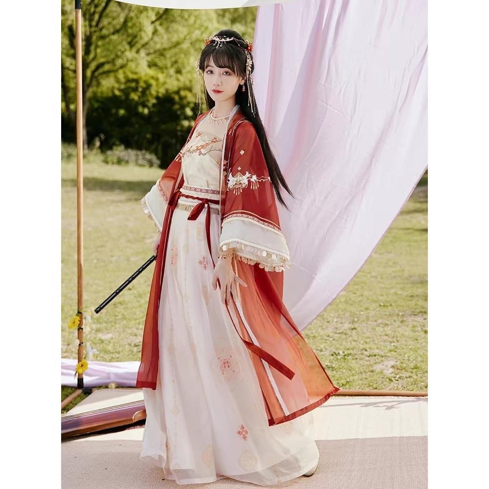 【十三余】瀘沽尋夢 銀臨聯名 長衫 外衫 長干寺 漢服 漢元素 紅色長衫 古風 中國風 中式 M號-細節圖3