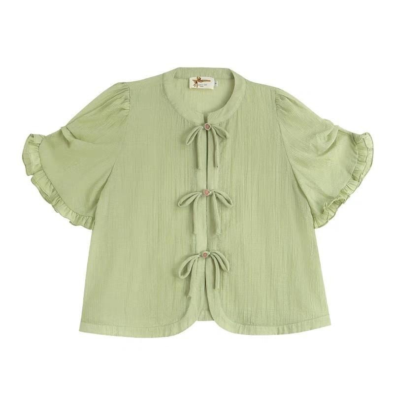 【芝士日】苔原綠 中式 漢元素 開衫 上衣 青綠色 古風 漢服 盤扣 襯衫 少女 M碼-細節圖3