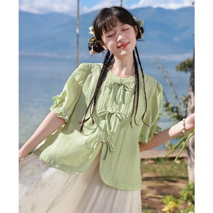 【芝士日】苔原綠 中式 漢元素 開衫 上衣 青綠色 古風 漢服 盤扣 襯衫 少女 M碼-細節圖5