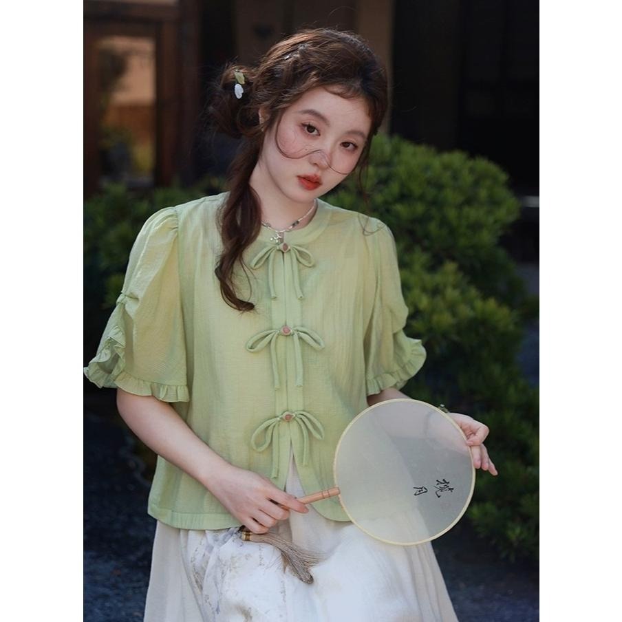 【芝士日】苔原綠 中式 漢元素 開衫 上衣 青綠色 古風 漢服 盤扣 襯衫 少女 M碼-細節圖6