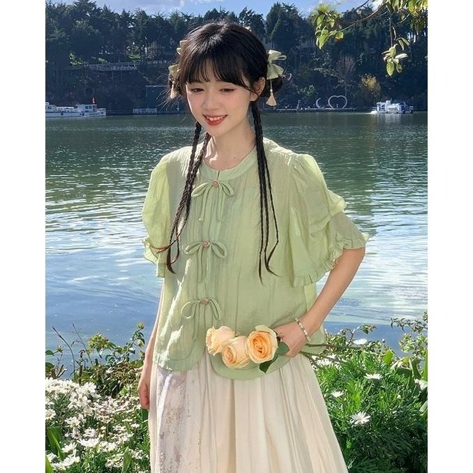 【芝士日】苔原綠 中式 漢元素 開衫 上衣 青綠色 古風 漢服 盤扣 襯衫 少女 M碼-細節圖8