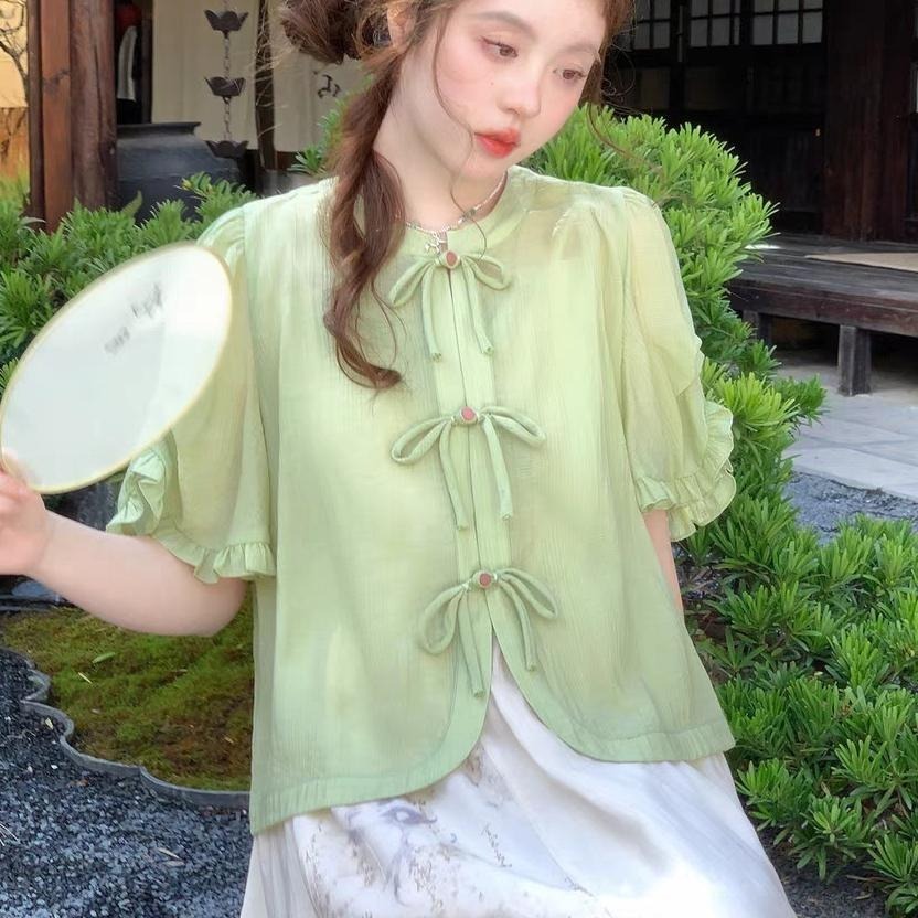 【芝士日】苔原綠 中式 漢元素 開衫 上衣 青綠色 古風 漢服 盤扣 襯衫 少女 M碼-細節圖9