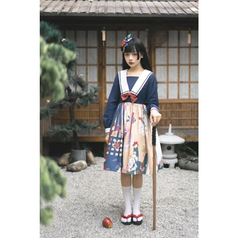 【CuteQ】朧月 lolita 洋裝 切替 OP 日系 和風 山吹 少女 水手領 長袖 連身裙 軟妹 L碼-細節圖3