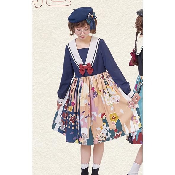 【CuteQ】朧月 lolita 洋裝 切替 OP 日系 和風 山吹 少女 水手領 長袖 連身裙 軟妹 L碼-細節圖4
