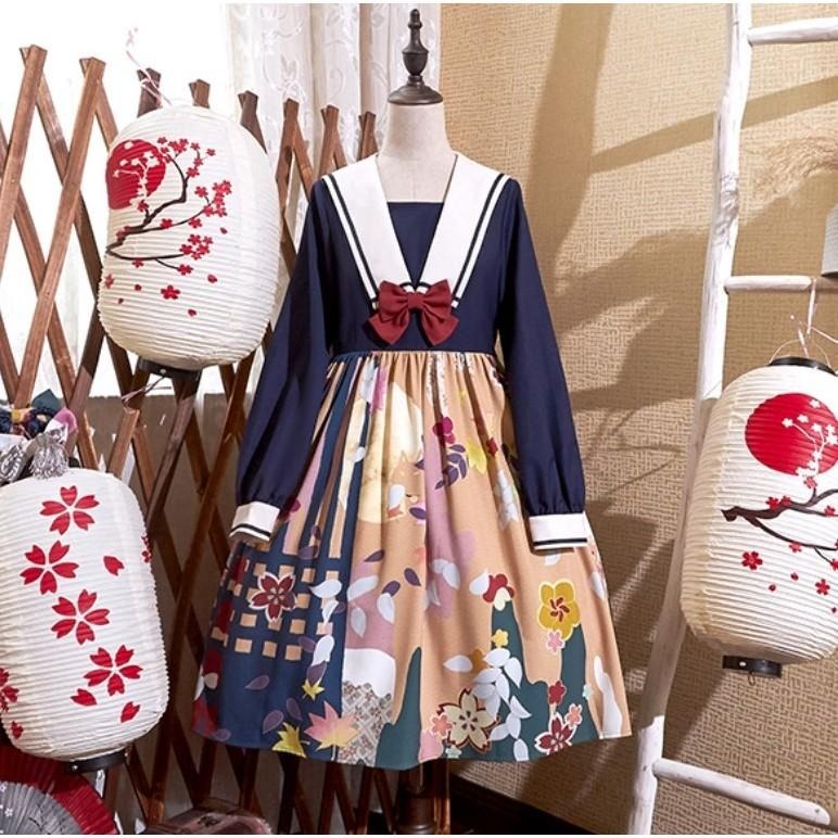 【CuteQ】朧月 lolita 洋裝 切替 OP 日系 和風 山吹 少女 水手領 長袖 連身裙 軟妹 L碼-細節圖5