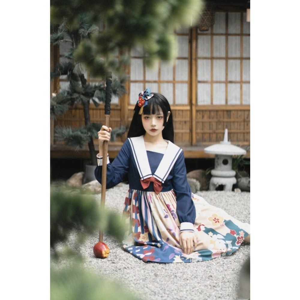 【CuteQ】朧月 lolita 洋裝 切替 OP 日系 和風 山吹 少女 水手領 長袖 連身裙 軟妹 L碼-細節圖6