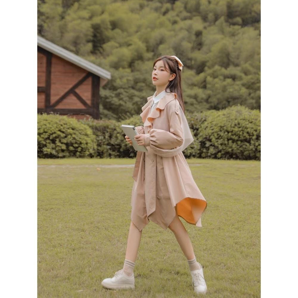 【森女部落】日系 清楚系 英倫風 不規則下擺 風衣 外套 防風 大衣 少女 lolita-細節圖6