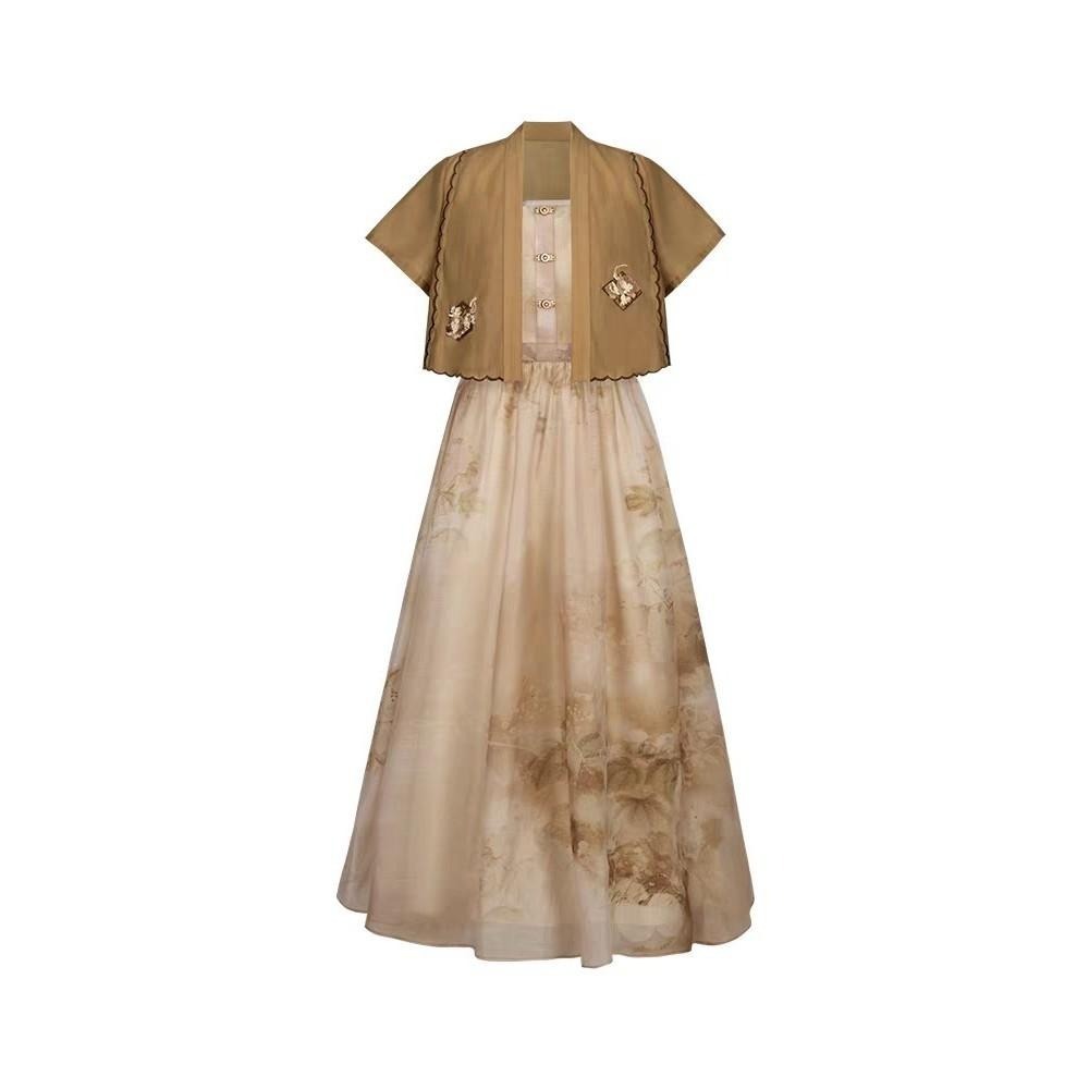 【十三余】南窗 蘇州博物館聯名 漢服 漢元素 中式 短開衫+吊帶洋裝 兩件套 古風 中國風 XL號-細節圖2