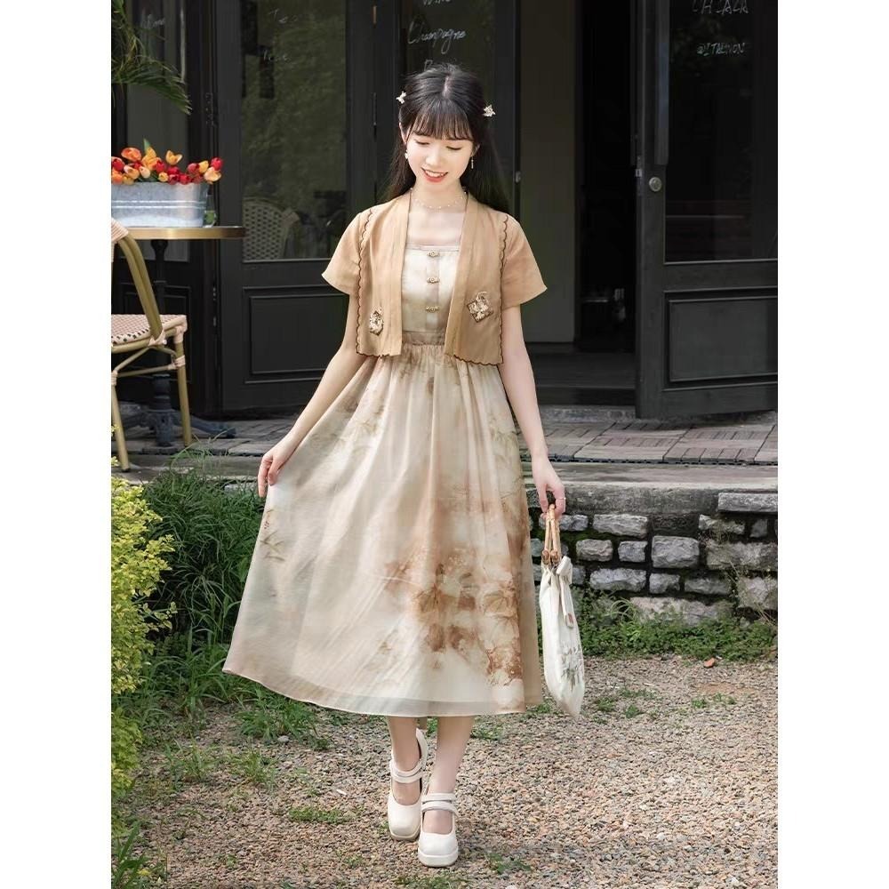 【十三余】南窗 蘇州博物館聯名 漢服 漢元素 中式 短開衫+吊帶洋裝 兩件套 古風 中國風 XL號-細節圖3