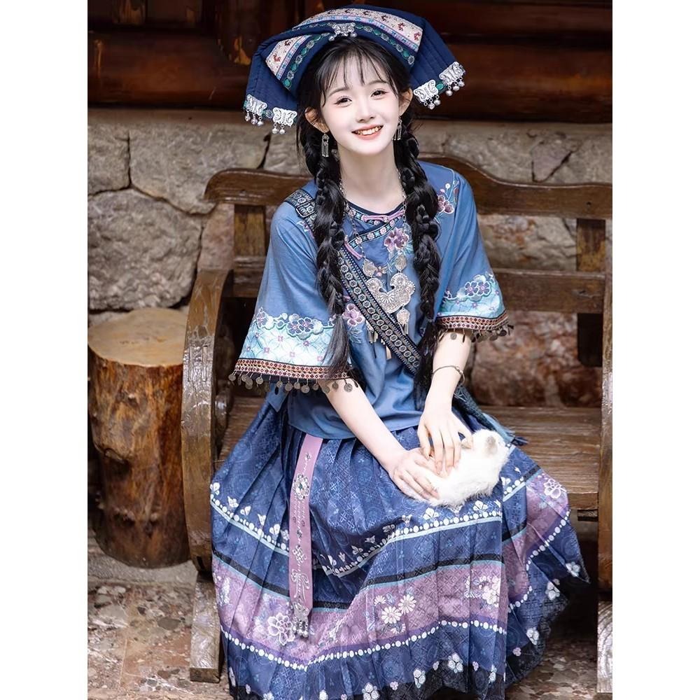 【川黛時光】藍染歌謠 漢服 漢元素 民族風 滿清 古風 古裝 古著 中式 中國風 十三余 上衣+裙子 M號-細節圖2
