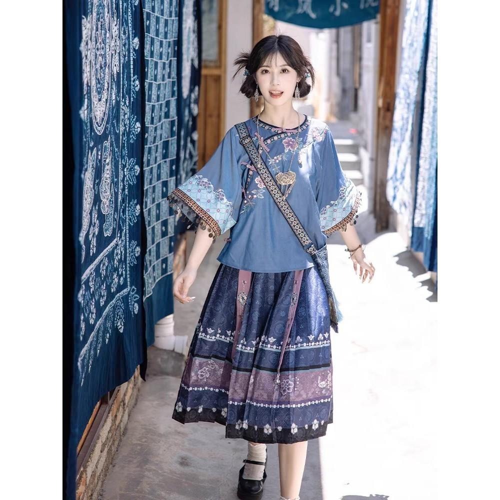 【川黛時光】藍染歌謠 漢服 漢元素 民族風 滿清 古風 古裝 古著 中式 中國風 十三余 上衣+裙子 M號-細節圖3