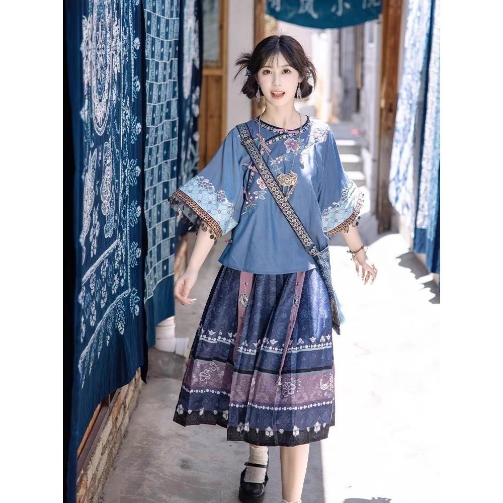 【川黛時光】藍染歌謠 漢服 漢元素 民族風 滿清 古風 古裝 古著 中式 中國風 十三余 上衣+裙子 M號-細節圖4