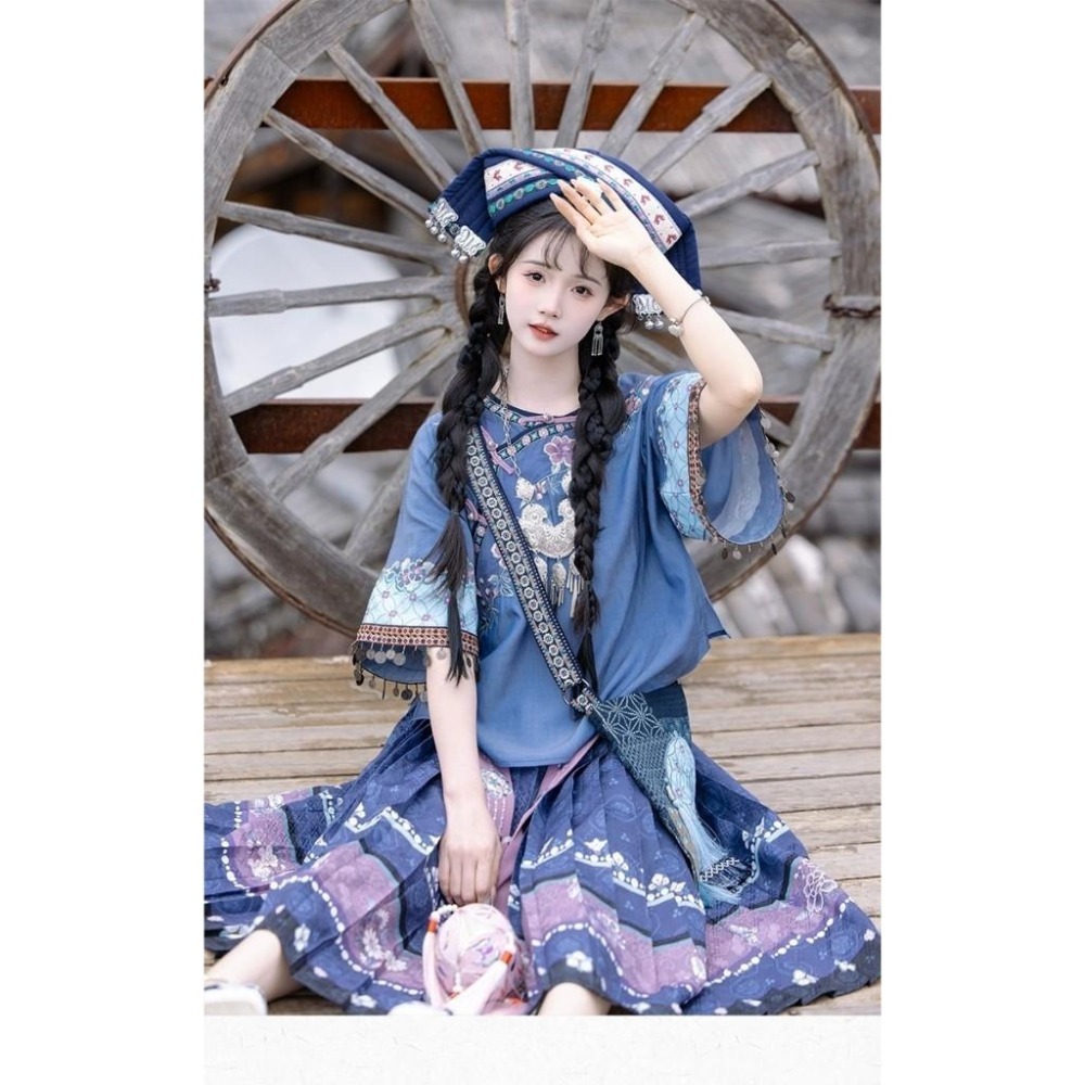 【川黛時光】藍染歌謠 漢服 漢元素 民族風 滿清 古風 古裝 古著 中式 中國風 十三余 上衣+裙子 M號-細節圖5