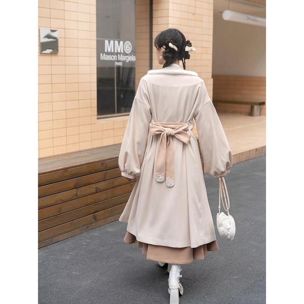 【十三余】玉人歸 古風 漢元素 米白大衣 外套 風衣 漢服 中式 絨毛 少女 中國風 L號-細節圖4