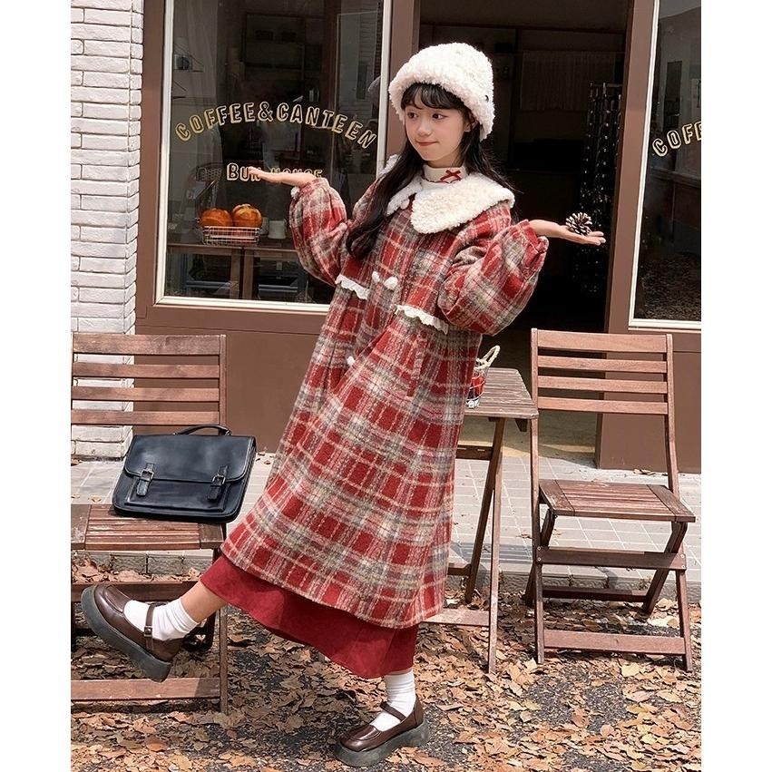 【芝士日】甜蜜之源 毛料 大衣 外套 紅色格紋 聖誕節 大衣 風衣 秋冬 少女 可愛 日系 復古 lolita 森林系-細節圖3