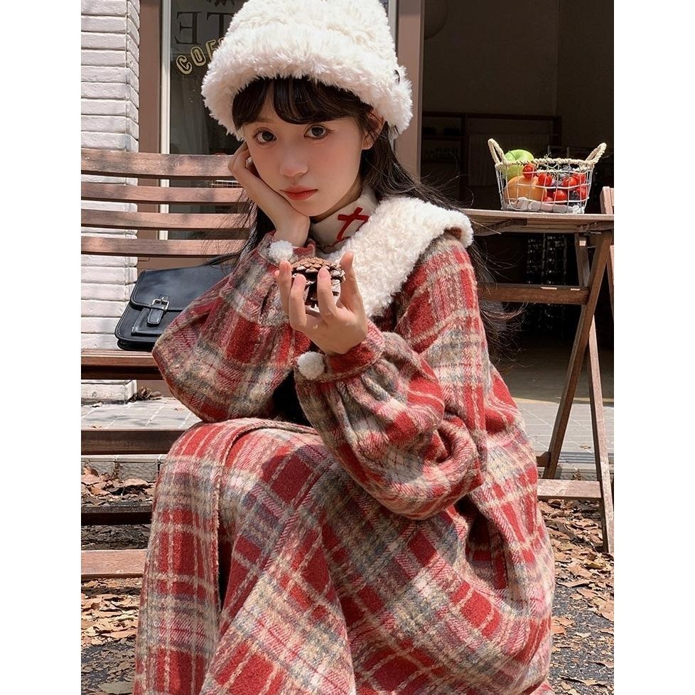 【芝士日】甜蜜之源 毛料 大衣 外套 紅色格紋 聖誕節 大衣 風衣 秋冬 少女 可愛 日系 復古 lolita 森林系-細節圖4