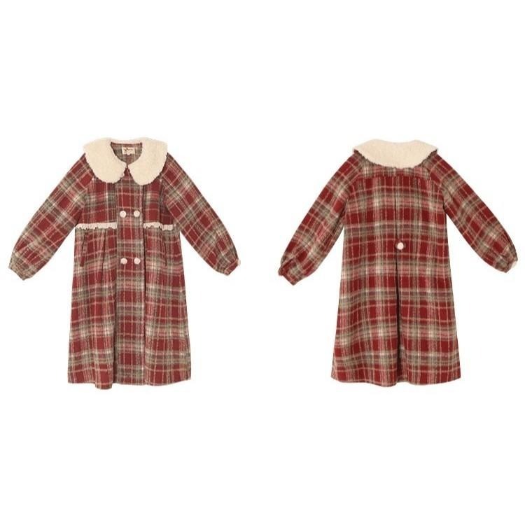 【芝士日】甜蜜之源 毛料 大衣 外套 紅色格紋 聖誕節 大衣 風衣 秋冬 少女 可愛 日系 復古 lolita 森林系-細節圖5