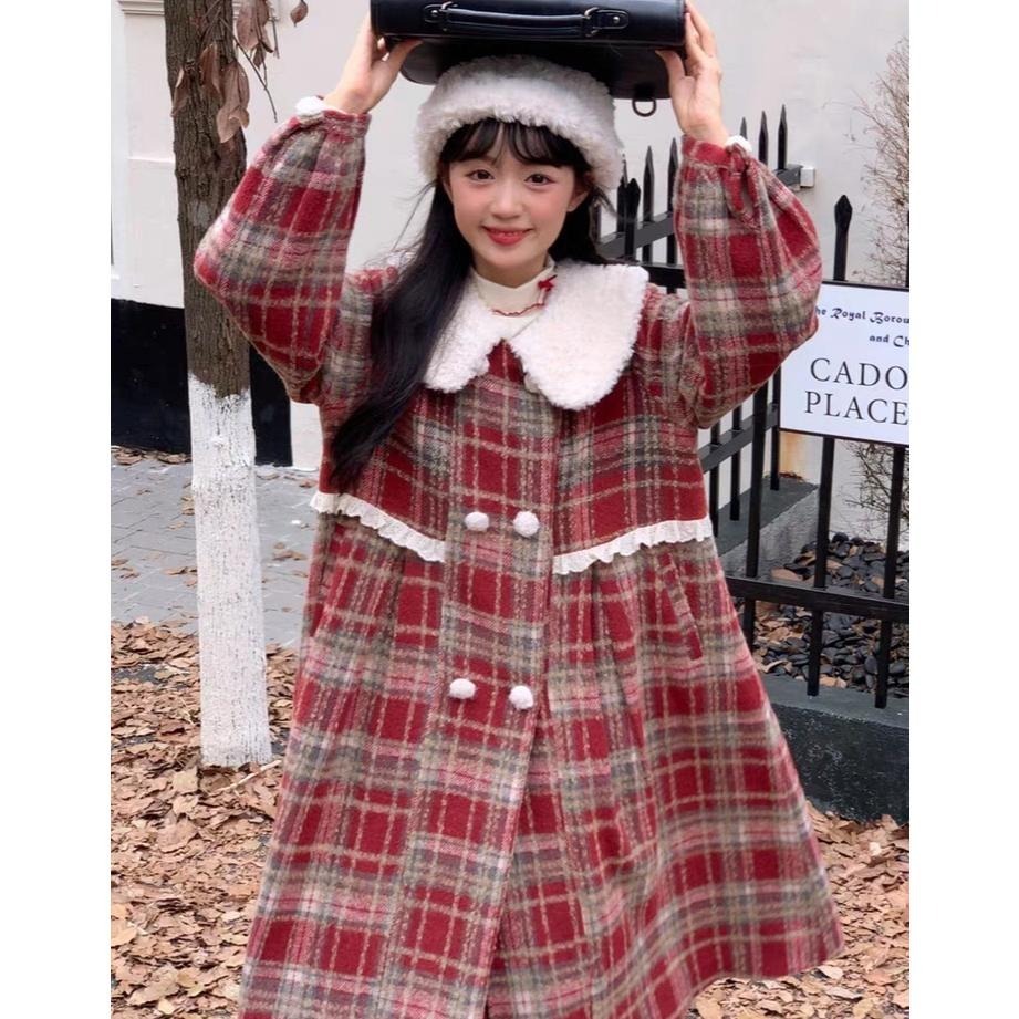 【芝士日】甜蜜之源 毛料 大衣 外套 紅色格紋 聖誕節 大衣 風衣 秋冬 少女 可愛 日系 復古 lolita 森林系-細節圖6