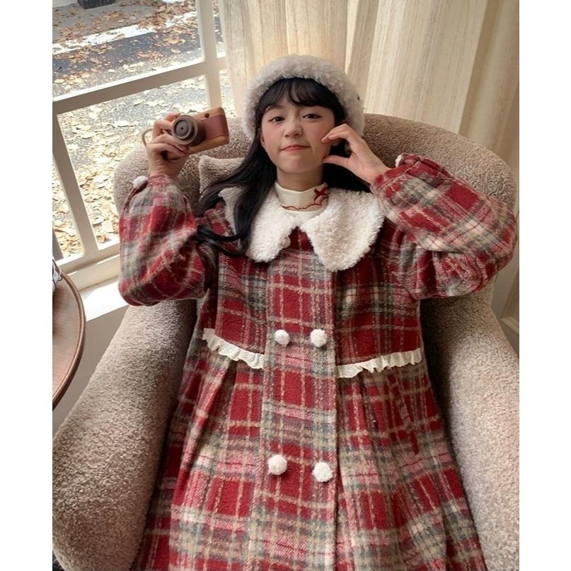 【芝士日】甜蜜之源 毛料 大衣 外套 紅色格紋 聖誕節 大衣 風衣 秋冬 少女 可愛 日系 復古 lolita 森林系-細節圖8