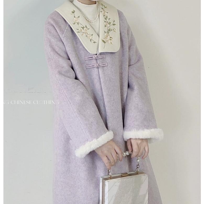 【七與珍珠】香爐紫煙 漢元素 大衣 外套 冬季 復古 古著 漢服 中國風 紫色 毛料 外套 中長 風衣 香芋紫 S碼-細節圖2
