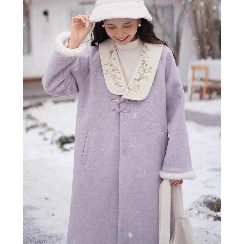 【七與珍珠】香爐紫煙 漢元素 大衣 外套 冬季 復古 古著 漢服 中國風 紫色 毛料 外套 中長 風衣 香芋紫 S碼-細節圖6