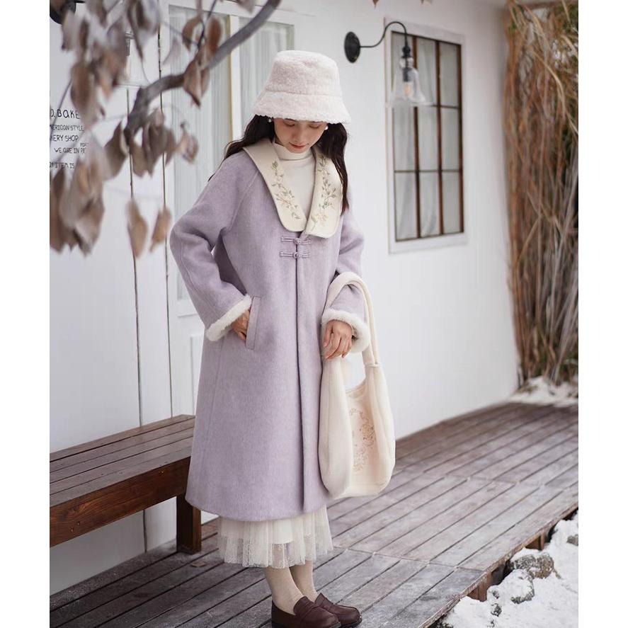 【七與珍珠】香爐紫煙 漢元素 大衣 外套 冬季 復古 古著 漢服 中國風 紫色 毛料 外套 中長 風衣 香芋紫 S碼-細節圖8