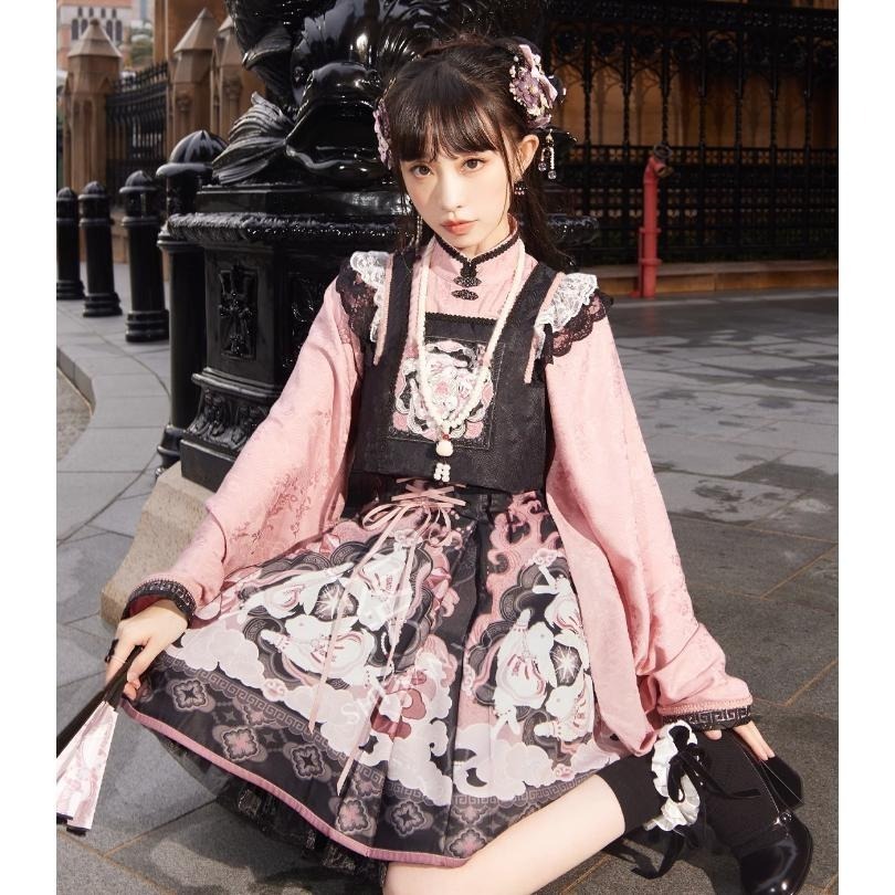 【十三余】春風共耳 黑粉漢元素 馬甲+襯衫+洋裝 三件套裝 中國風 少女 地雷系 吊帶洋裝 連衣裙 漢服 lolita-細節圖3
