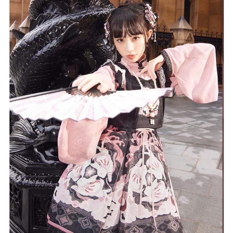 【十三余】春風共耳 黑粉漢元素 馬甲+襯衫+洋裝 三件套裝 中國風 少女 地雷系 吊帶洋裝 連衣裙 漢服 lolita-細節圖4