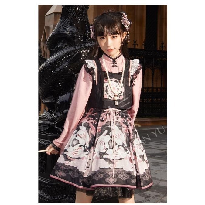 【十三余】春風共耳 黑粉漢元素 馬甲+襯衫+洋裝 三件套裝 中國風 少女 地雷系 吊帶洋裝 連衣裙 漢服 lolita-細節圖5